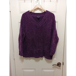 Women's Tracy Lynn Purple Chunky Crochet  Stretchy Pullover V Neck Sweater Large